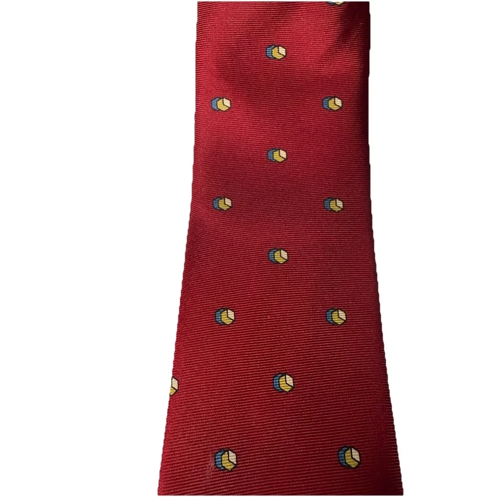 100% Silk Vintage red ribbed necktie gold blue and yellow geometric cube pattern